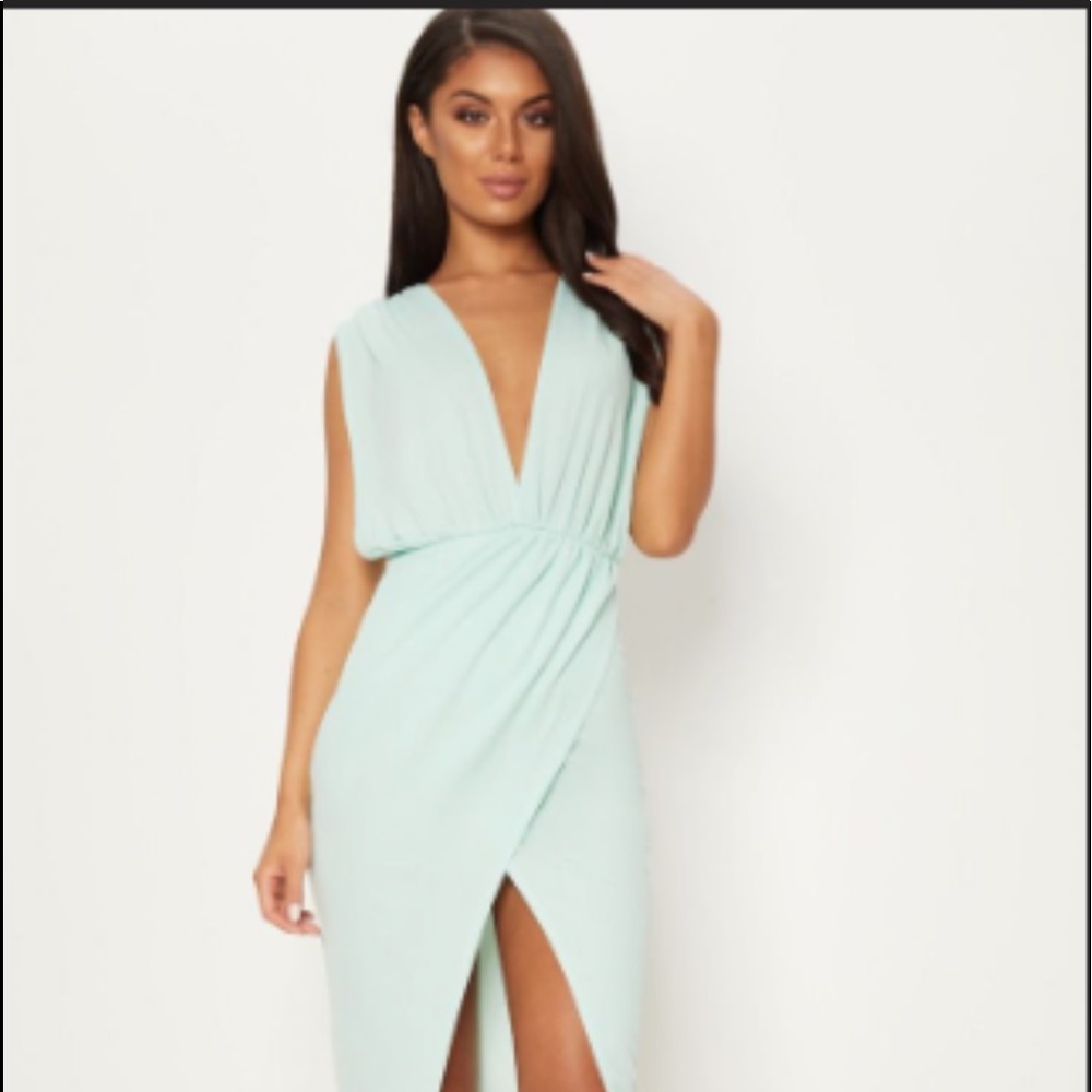 Mint Ruched Shoulder Plunge Midi Dress